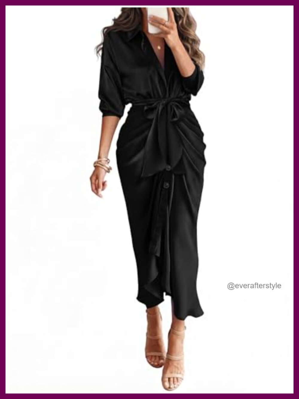 Satin Button Down Maxi Shirt Dress Tie Waist